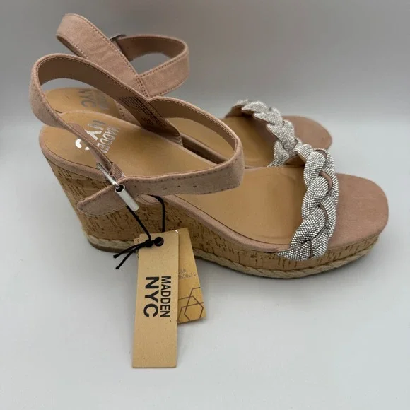 Madden NYC Wedge Sandals Braided Rhinestone Ankle Espadrille‎ Blush Size 9 NWT - Picture 5 of 8